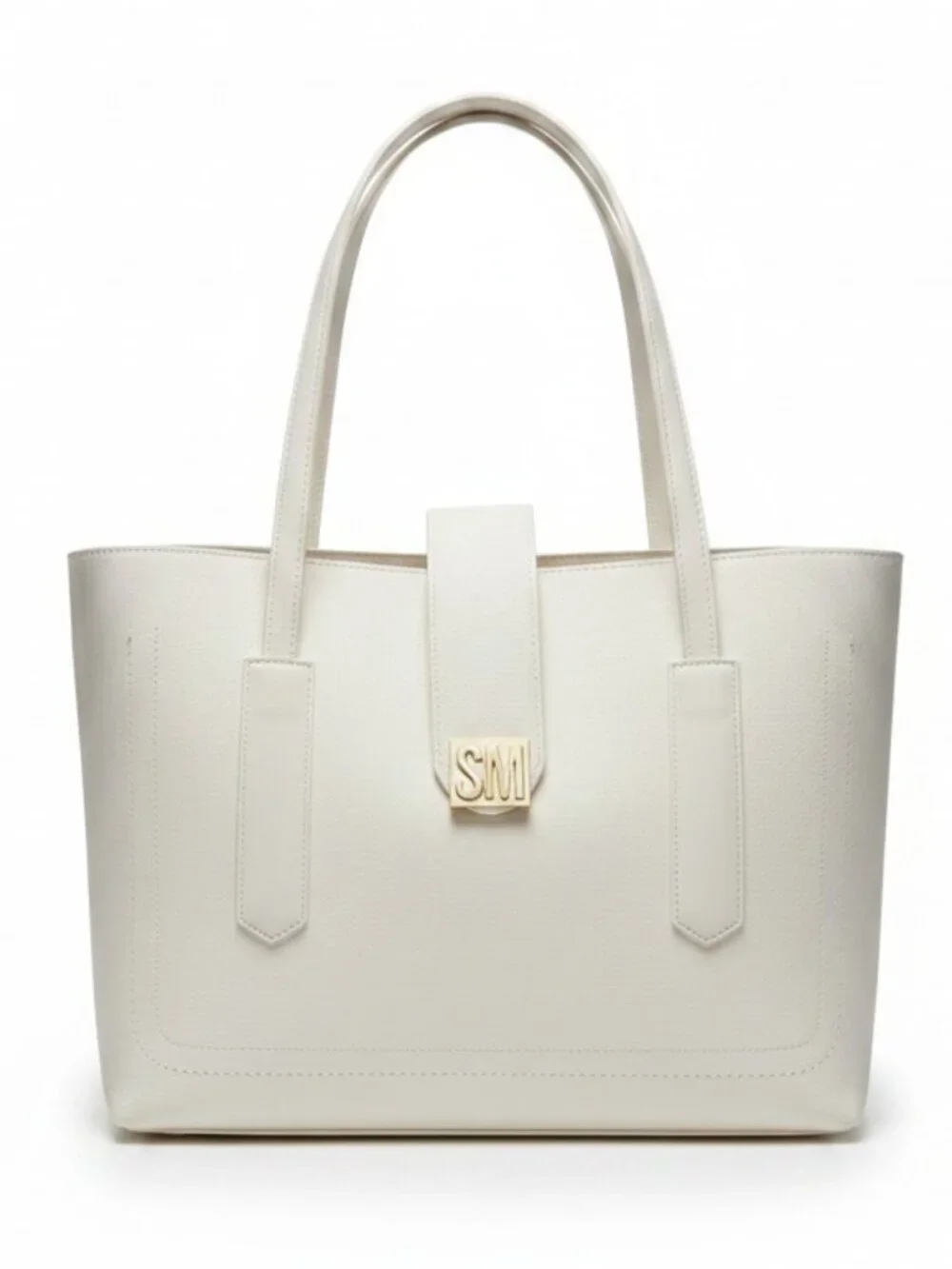 Steve Madden White Faux Leather Tote Bag Gold Logo Shoulder Purse